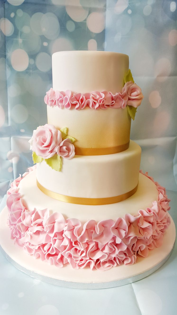 Wedding Cake Ruffles Roses Ravens Bakery Of Essex Ltd